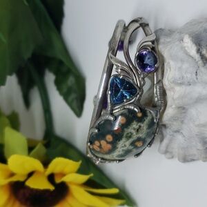 Artisan unique silver bracelet, Ocean Jasper, Blue Topaz, Tanzanite, and Angel